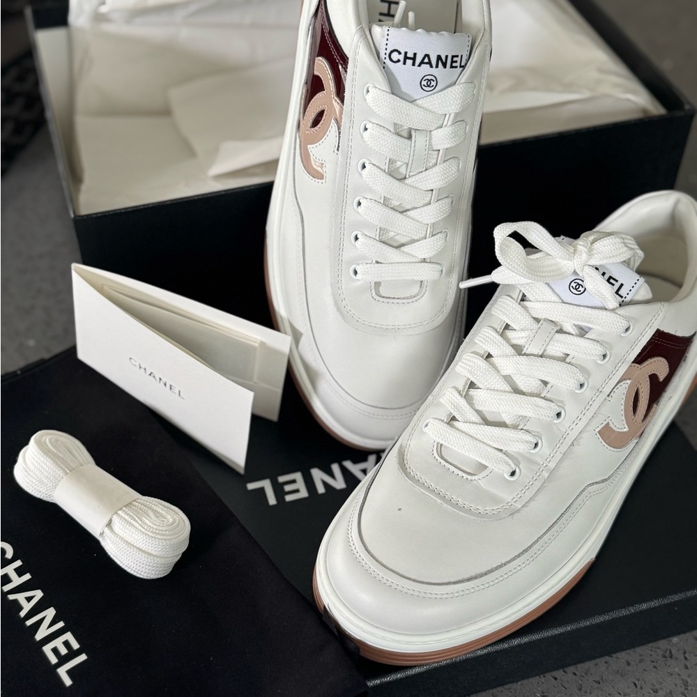 CHANEL White and Tan Sneakers